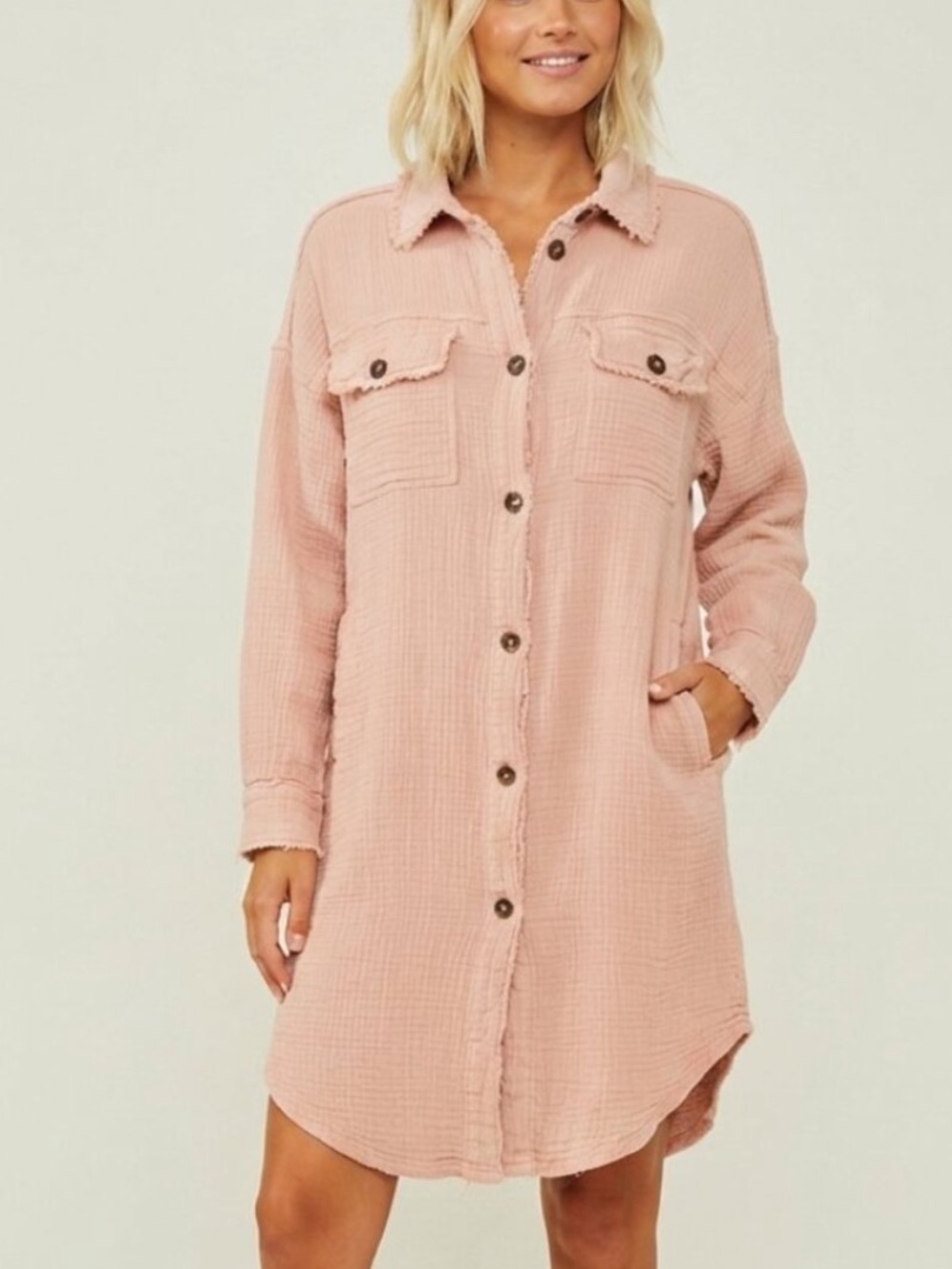 Oli & Hali Light Pink Gauze Raw Button-Front Shirt Mini Dress Size Large 39620